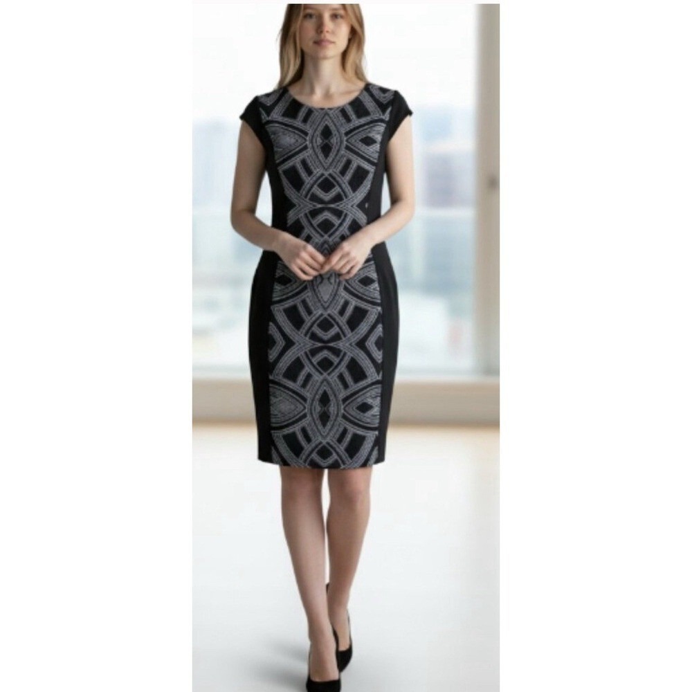 Melrose Social Women Black Silver Glitter Geometric Sheath Dress Size 14 Cap Sle